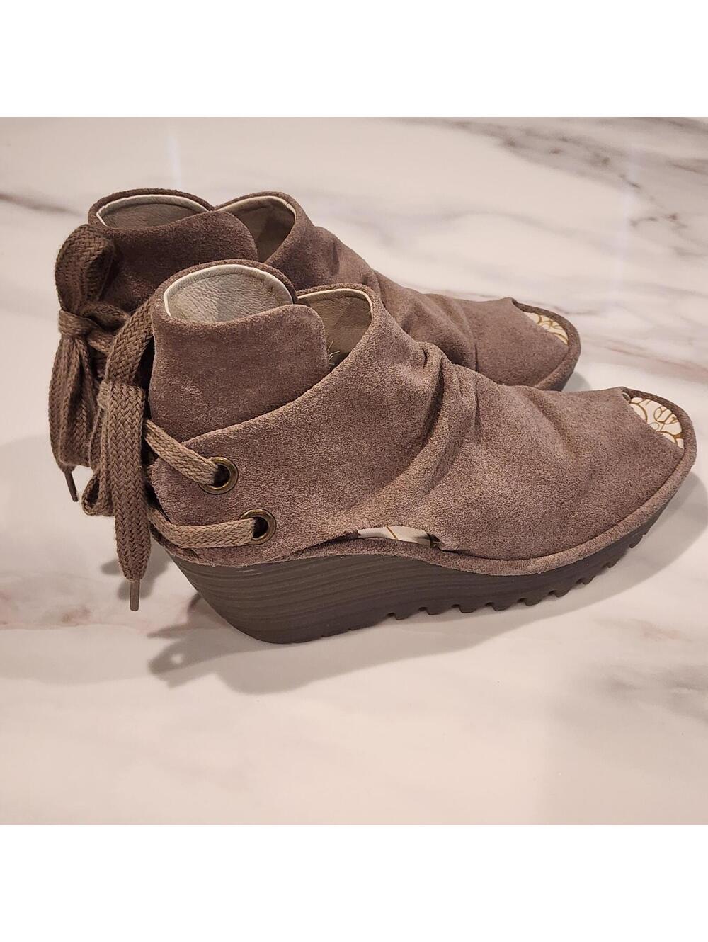 Fly London Brown Suede Peep Toe Wedge Ankle Boots Lace Up EU 38 US 7.5